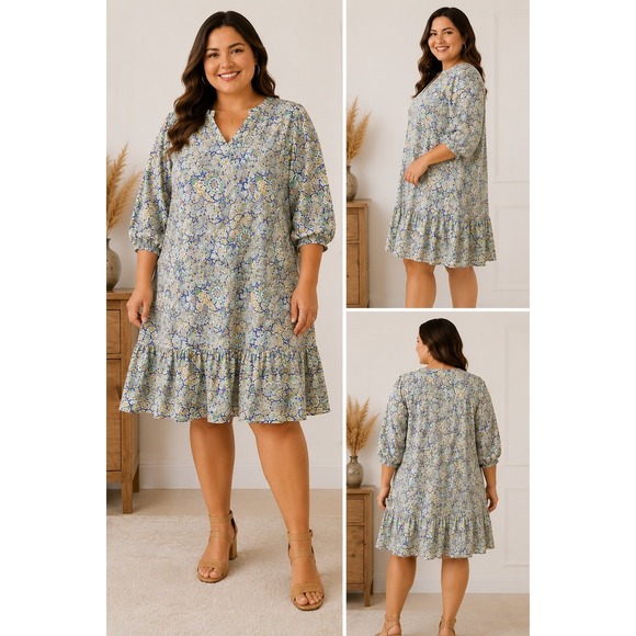 Black Tape Dresses & Skirts - Black Tape Womens 2X Aqua Mint Paisley Ruffle Hem Shift Dress 1972260 MP